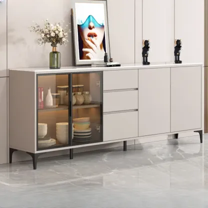 Modern Wood Buffet with Glass Doors Stone Top Image - 7