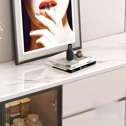 Modern Wood Buffet with Glass Doors Stone Top Image - 8