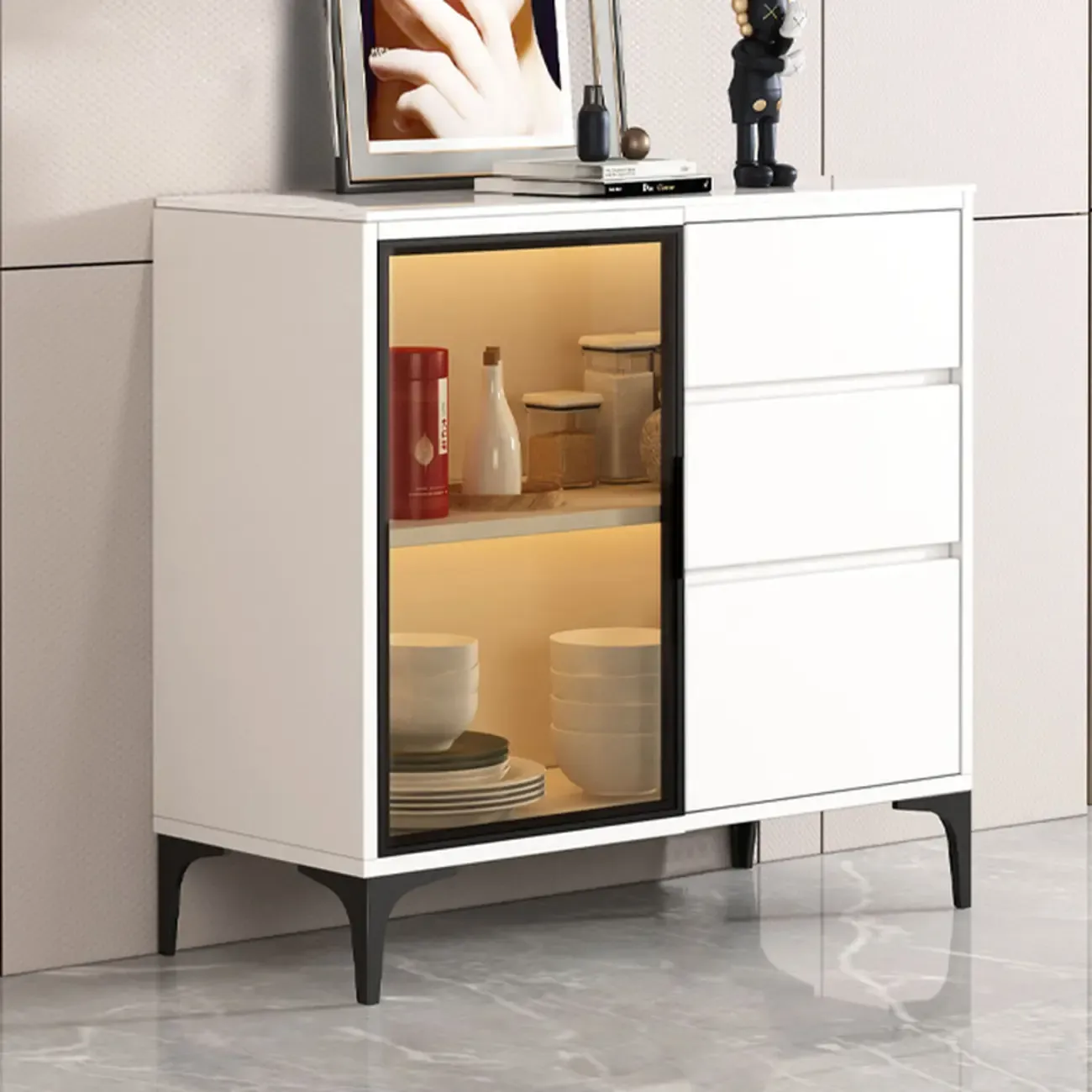 Modern Wood Buffet with Glass Doors Stone Top Image - 9