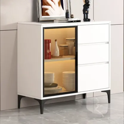 Modern Wood Buffet with Glass Doors Stone Top Image - 9