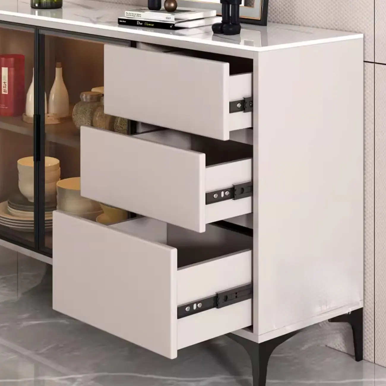 Modern Wood Buffet with Glass Doors Stone Top Image - 10 | homeyfad