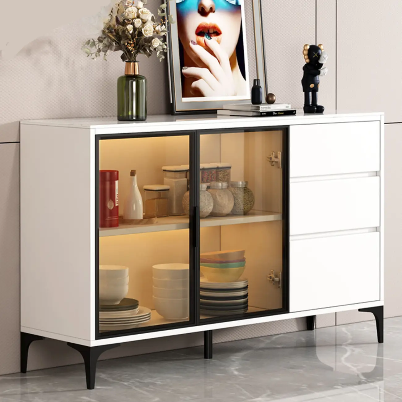 Modern Wood Buffet with Glass Doors Stone Top Image - 11 | homeyfad