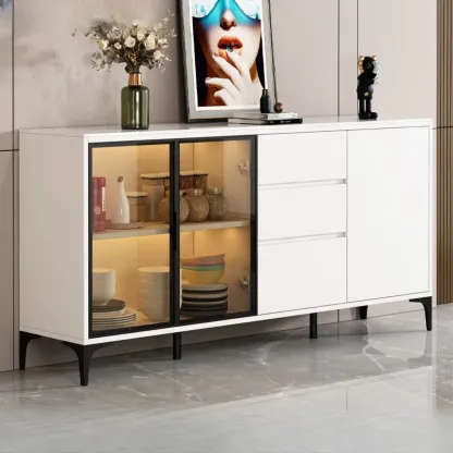Modern Wood Buffet with Glass Doors Stone Top Image - 12