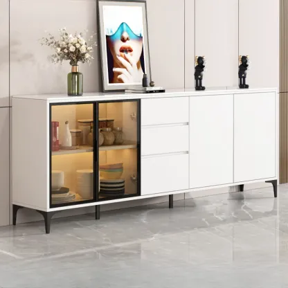 Modern Wood Buffet with Glass Doors Stone Top Image - 13