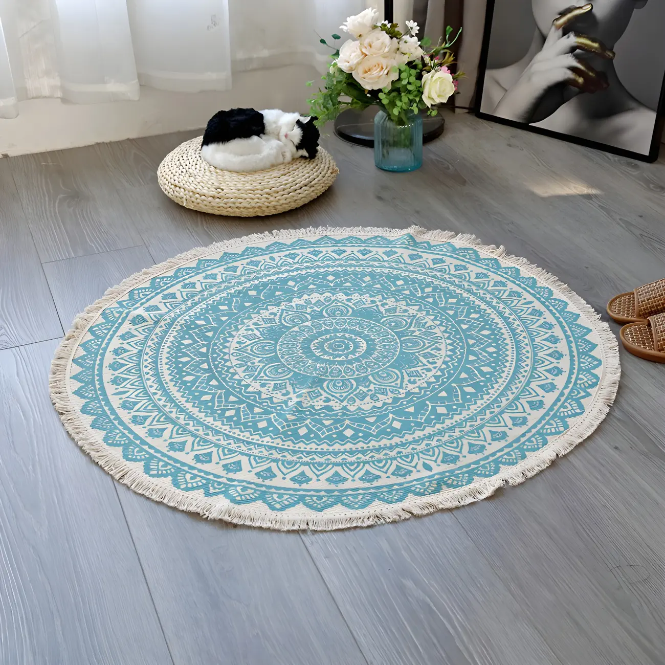 Moroccan Blue Linen Floral Round Area Rug for Bedroom Image - 1 | homeyfad
