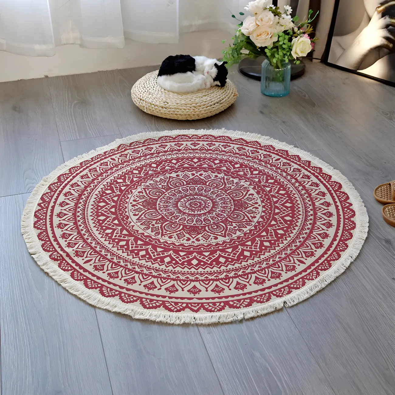 Moroccan Blue Linen Floral Round Area Rug for Bedroom Image - 2 | homeyfad