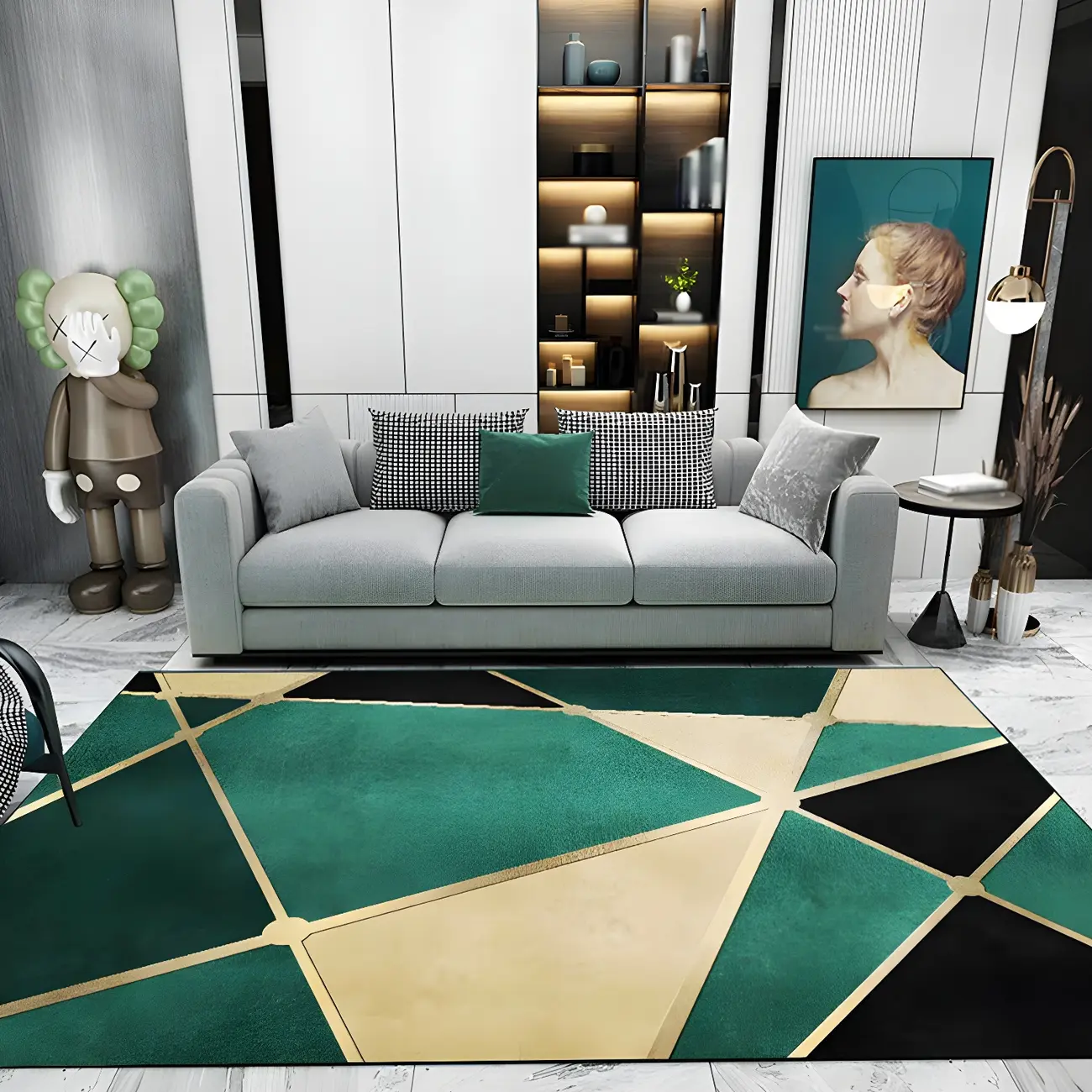 Modern Green Geometric Area Rug for Living Room Image - 2 | homeyfad