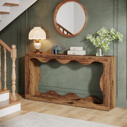 Scandinavian Brown Scalloped design Wood Console Table Image - 1