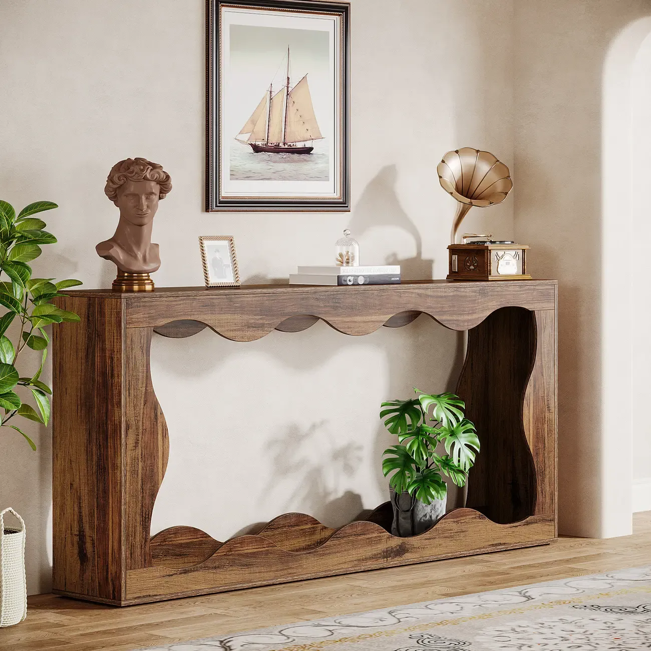 Scandinavian Brown Scalloped design Wood Console Table Image - 4