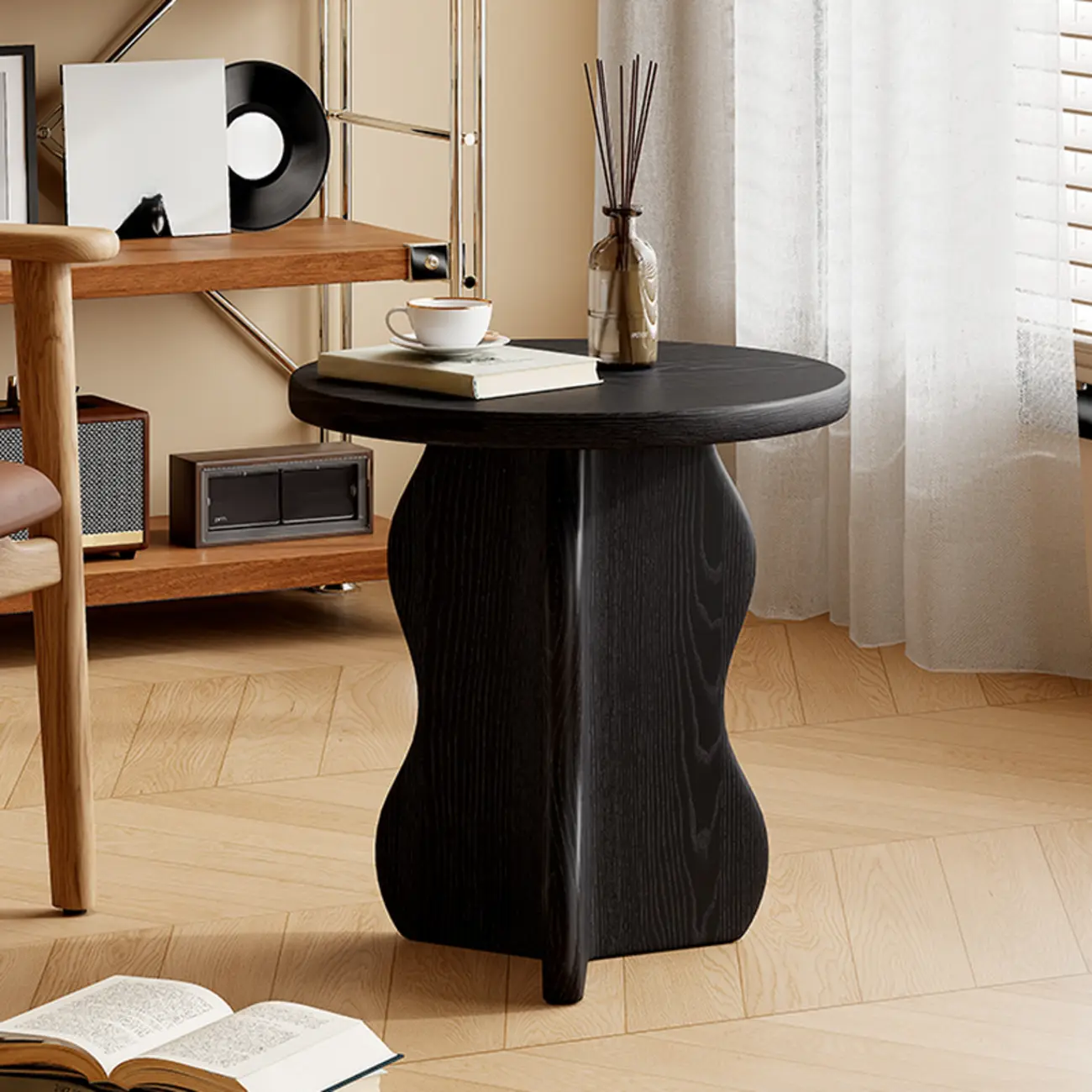 Modern Round Curved Base Wooden End Table for Living Room Image - 1 | homeyfad