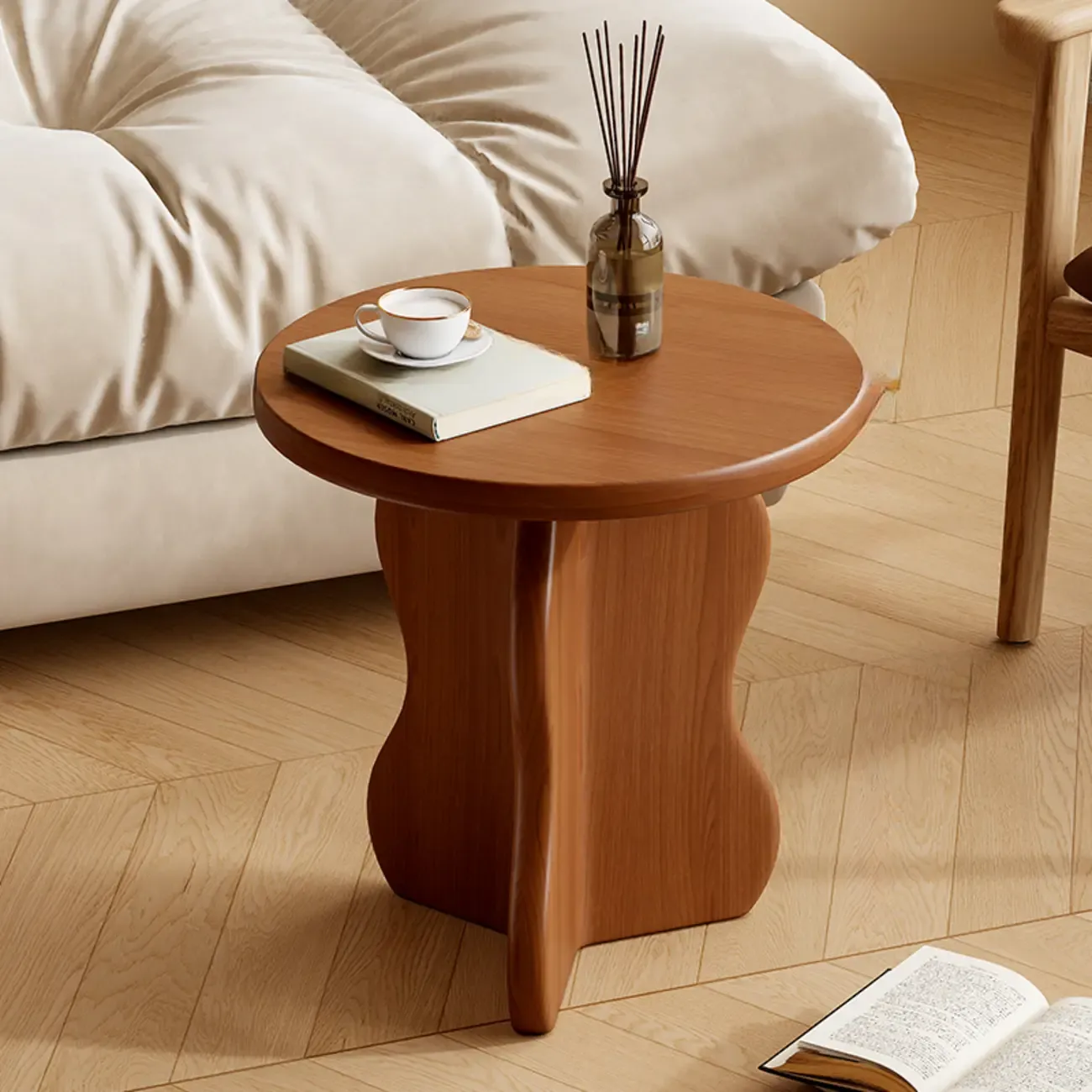 Modern Round Curved Base Wooden End Table for Living Room Image - 4