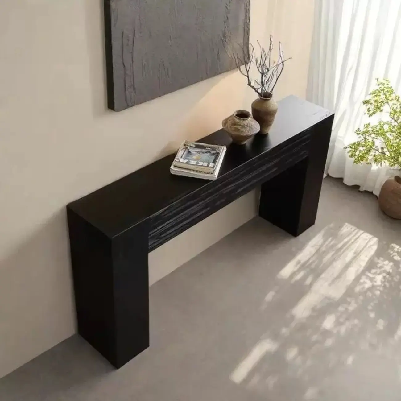 Black Modern Pine Wood Rectangular Console Table Image - 3 | homeyfad