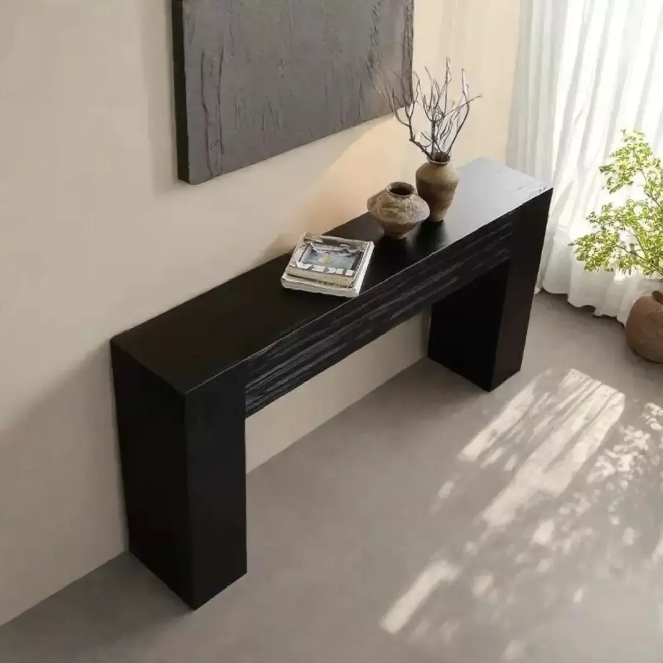 Black Modern Pine Wood Rectangular Console Table Image - 3