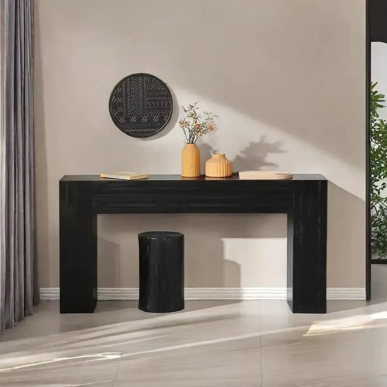 Black Modern Pine Wood Rectangular Console Table Image - 4
