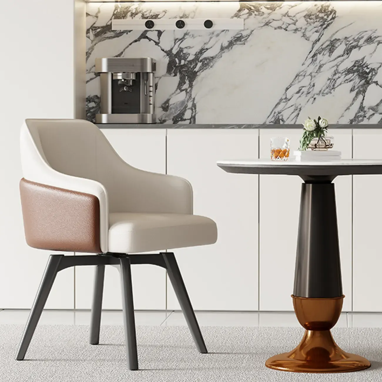 Modern Faux Leather Swivel Arm Dining Chair with Solid Back Image - 3