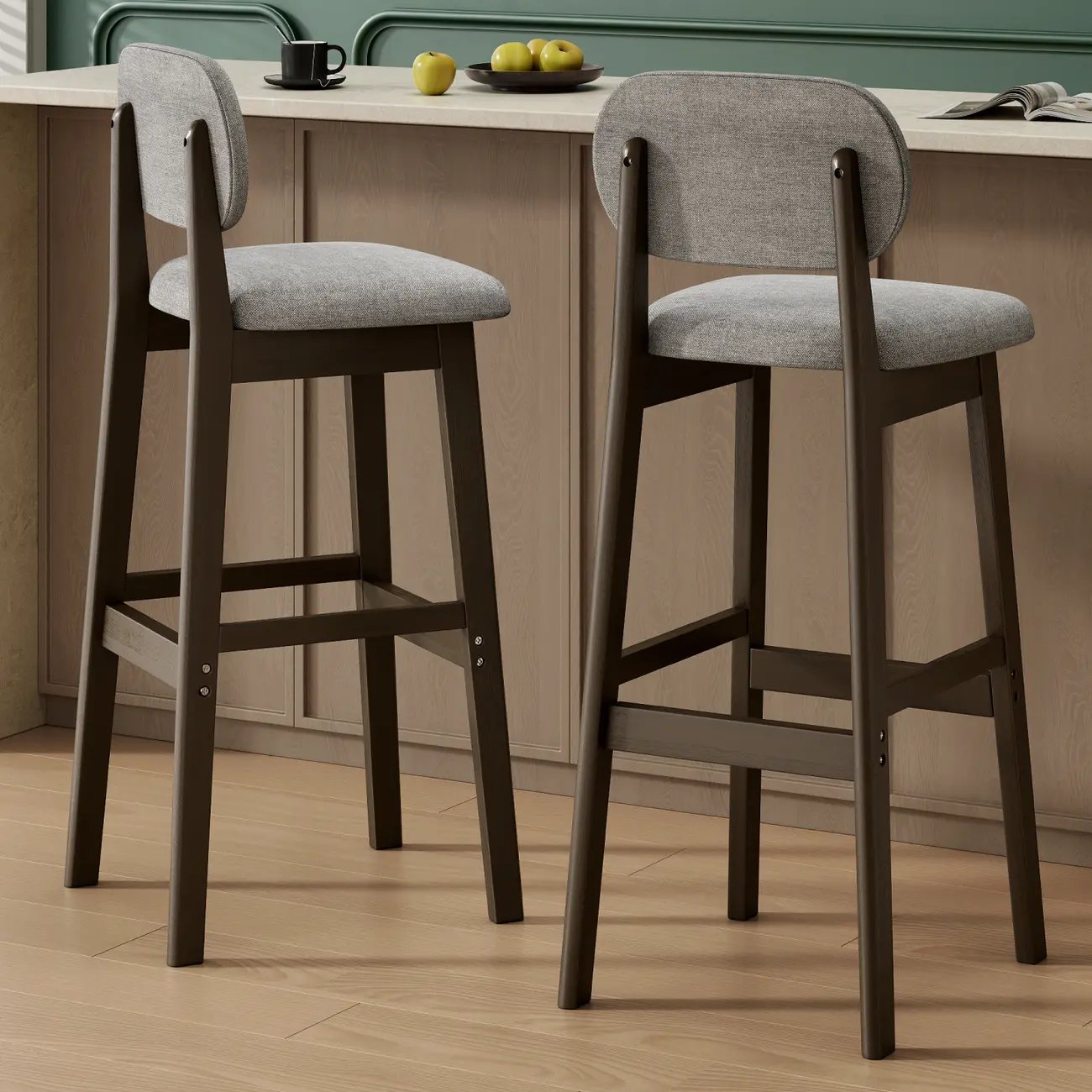 Art Deco Light Gray Pub Stool with Backrest, Rectangular Seat, Rubberwood Frame, and Foot Support Image - 1 | homeyfad