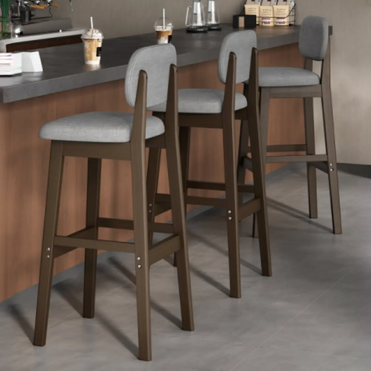 Art Deco Light Gray Pub Stool with Backrest, Rectangular Seat, Rubberwood Frame, and Foot Support Image - 3 | homeyfad