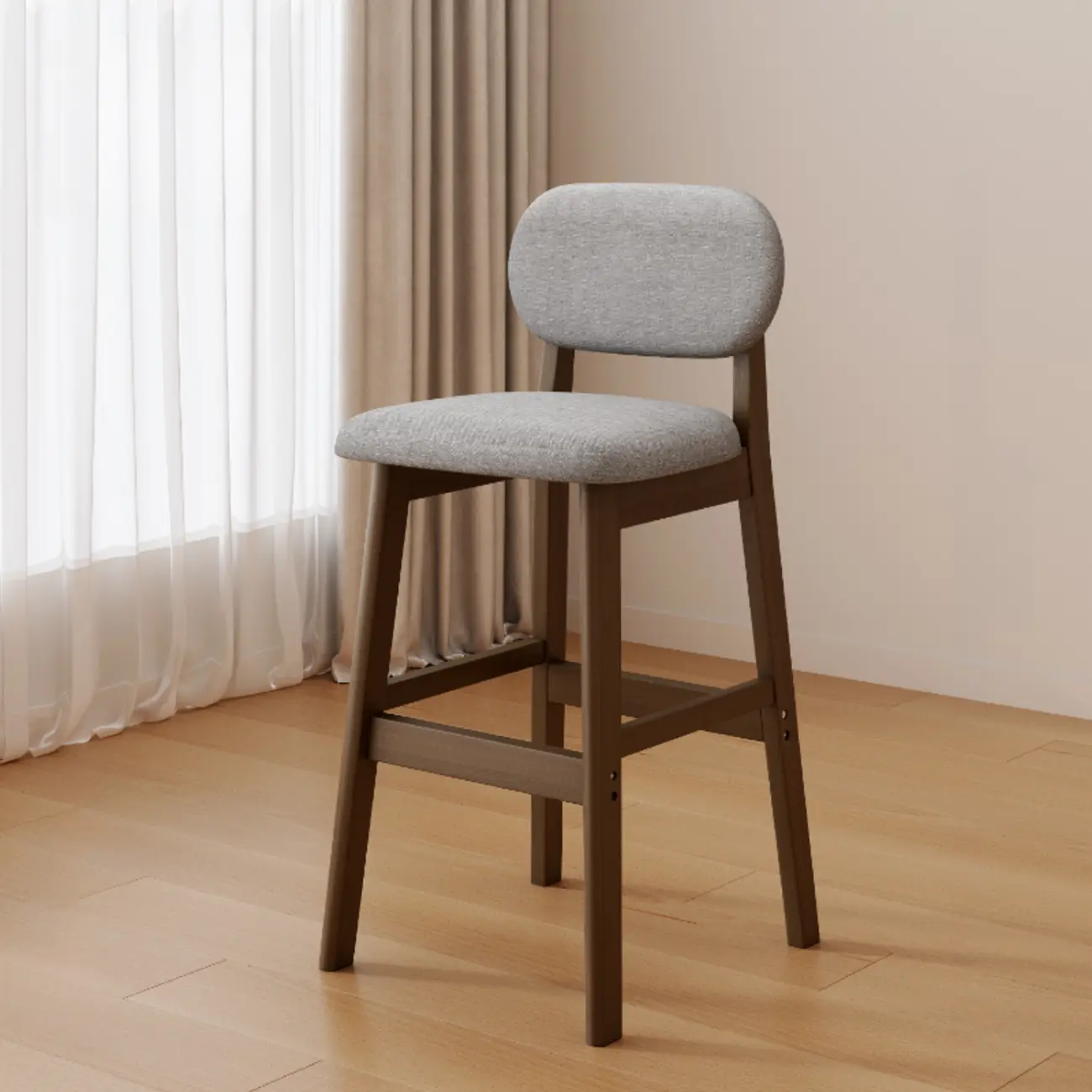 Art Deco Light Gray Pub Stool with Backrest, Rectangular Seat, Rubberwood Frame, and Foot Support Image - 2 | homeyfad