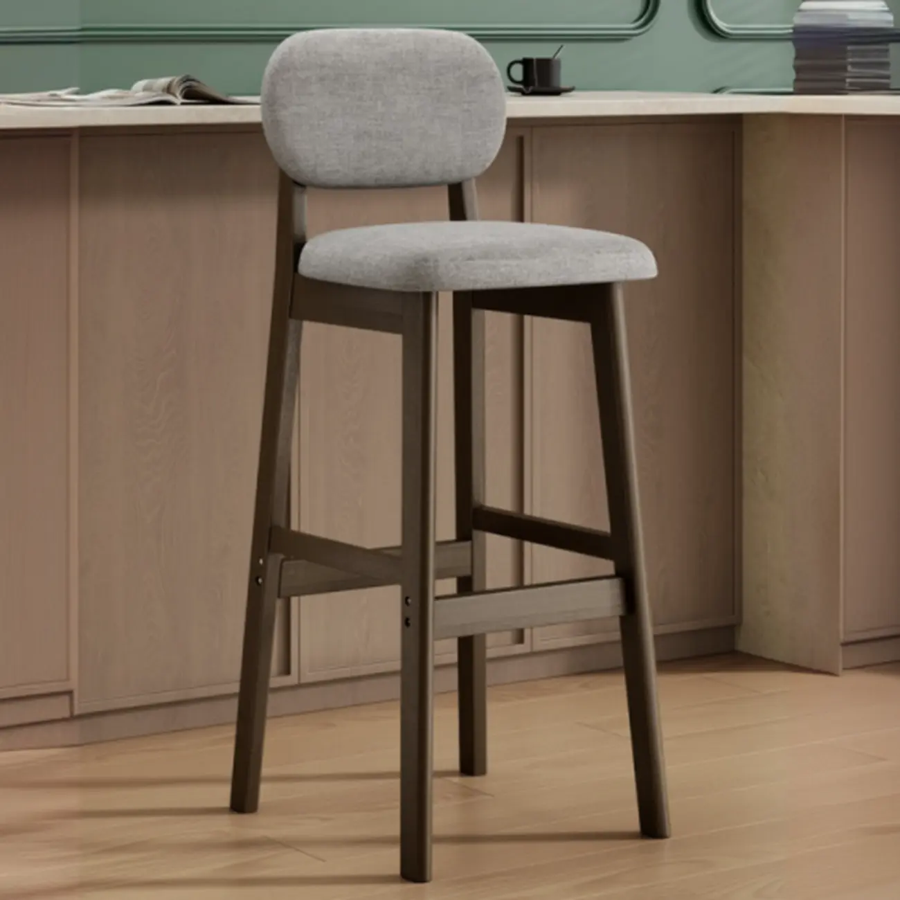 Art Deco Light Gray Pub Stool with Backrest, Rectangular Seat, Rubberwood Frame, and Foot Support Image - 6 | homeyfad