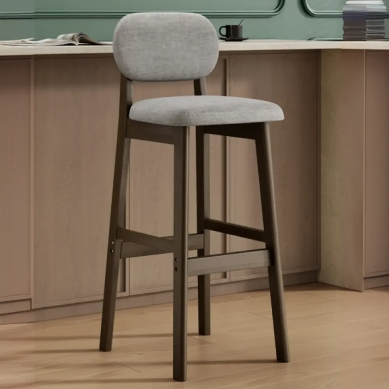 Art Deco Light Gray Pub Stool with Backrest, Rectangular Seat, Rubberwood Frame, and Foot Support Image - 6