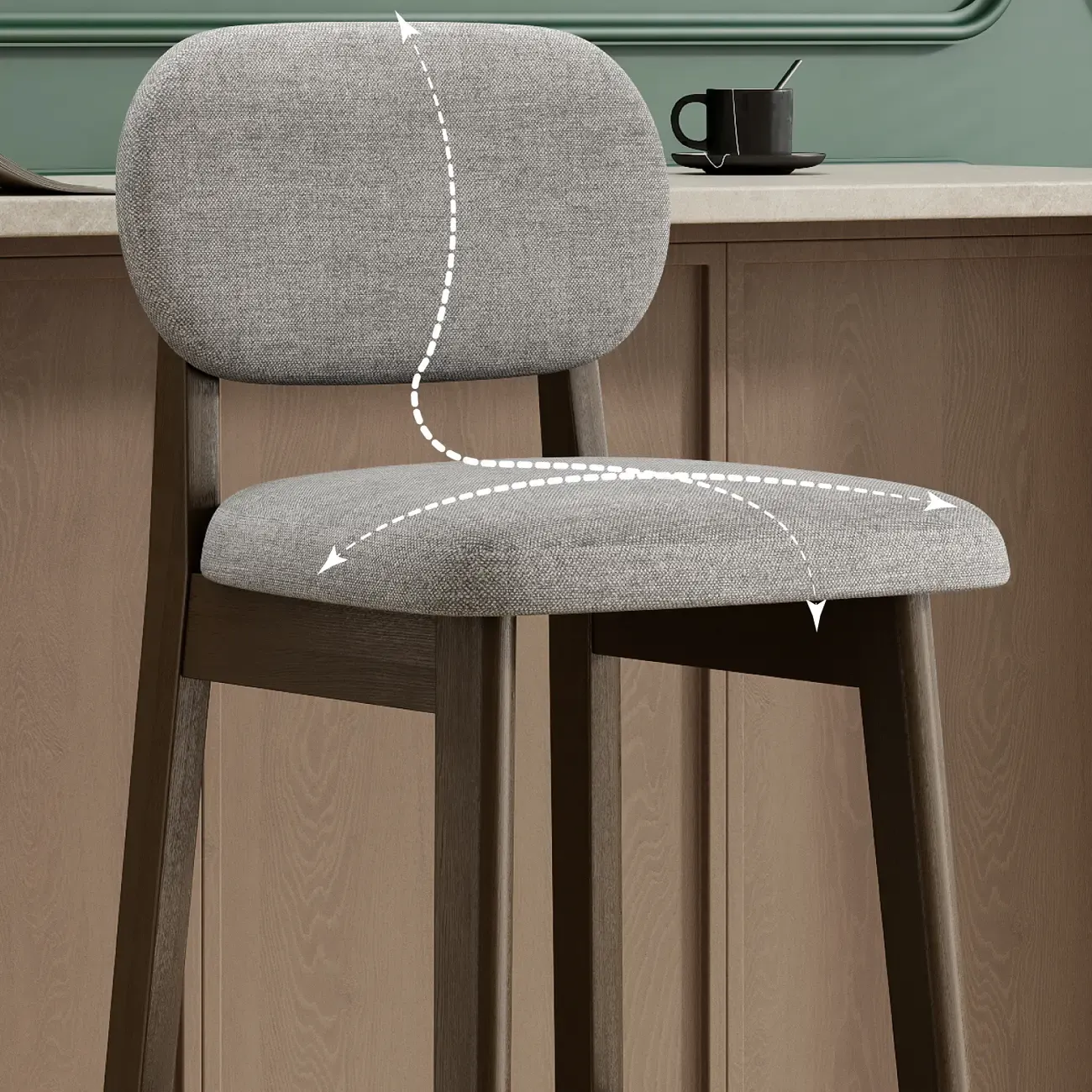 Art Deco Light Gray Pub Stool with Backrest, Rectangular Seat, Rubberwood Frame, and Foot Support Image - 7