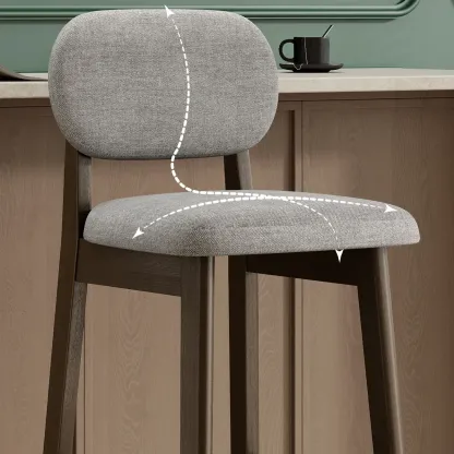 Art Deco Light Gray Pub Stool with Backrest, Rectangular Seat, Rubberwood Frame, and Foot Support Image - 7