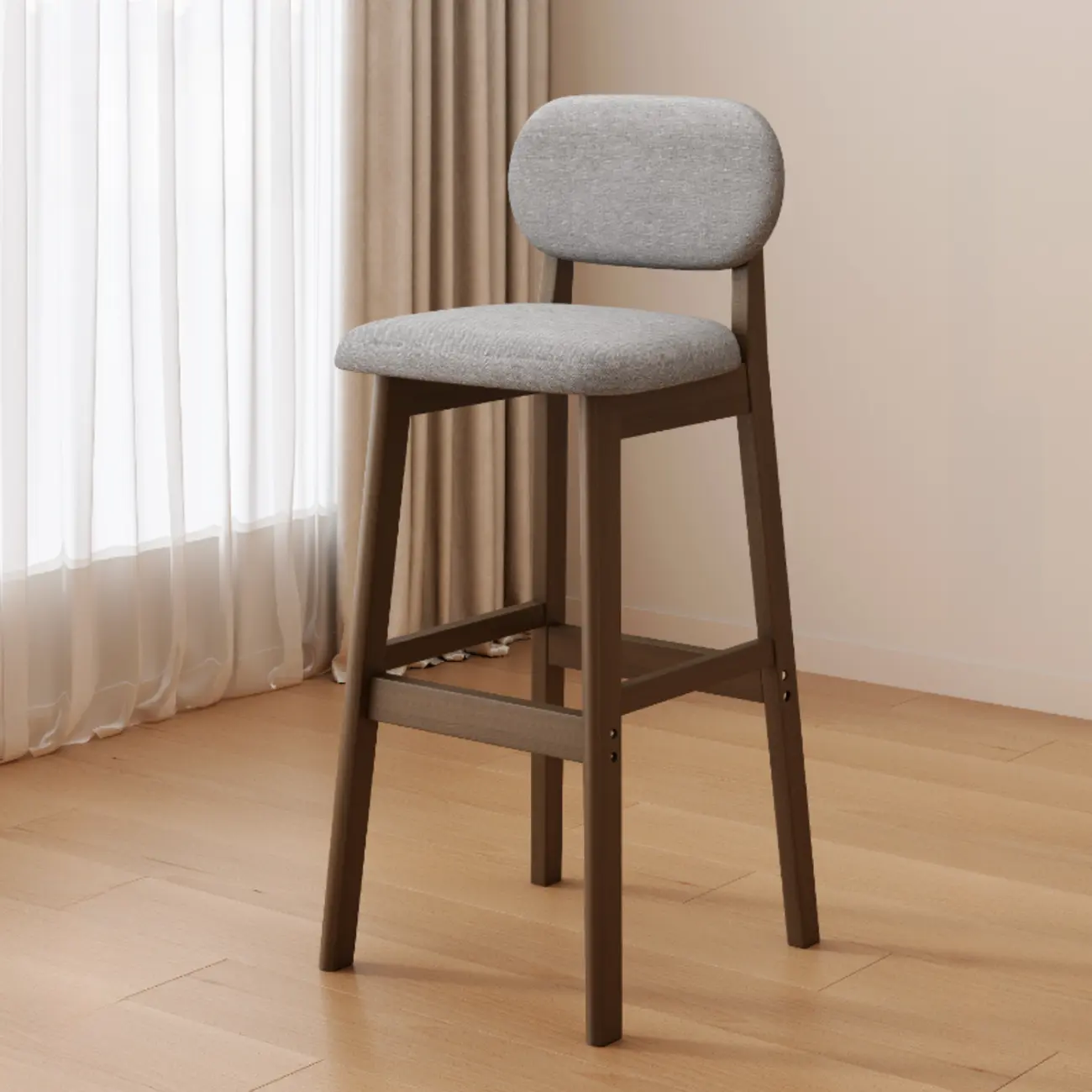 Art Deco Light Gray Pub Stool with Backrest, Rectangular Seat, Rubberwood Frame, and Foot Support Image - 9 | homeyfad