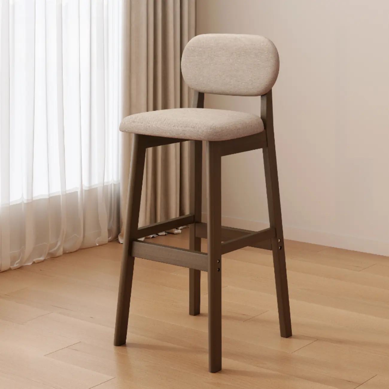 Art Deco Light Gray Pub Stool with Backrest, Rectangular Seat, Rubberwood Frame, and Foot Support Image - 12 | homeyfad