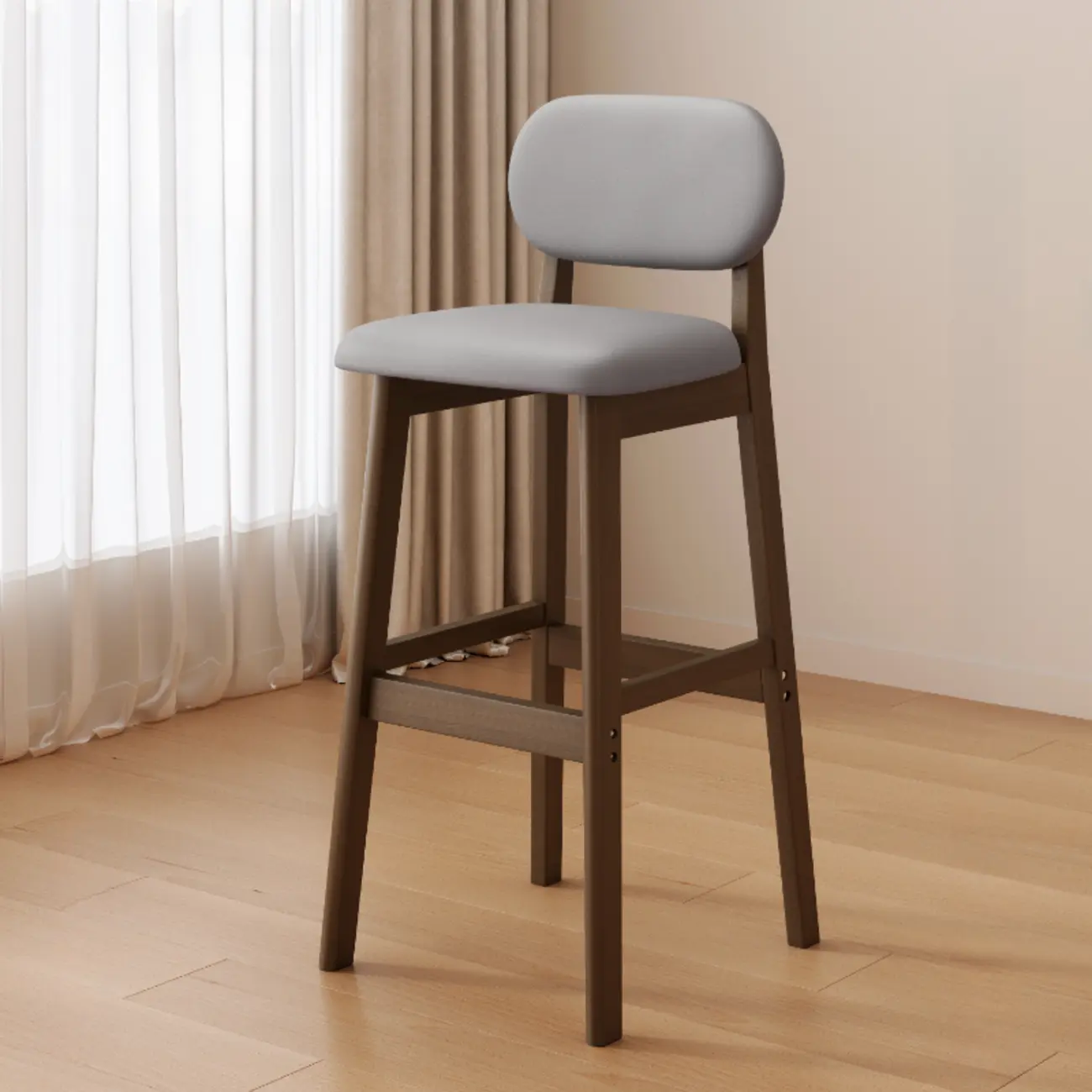 Art Deco Light Gray Pub Stool with Backrest, Rectangular Seat, Rubberwood Frame, and Foot Support Image - 13 | homeyfad