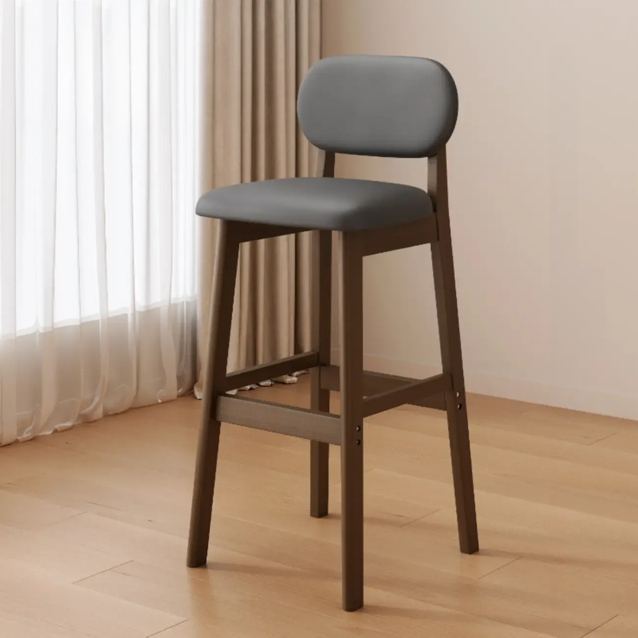 Art Deco Light Gray Pub Stool with Backrest, Rectangular Seat, Rubberwood Frame, and Foot Support Image - 16