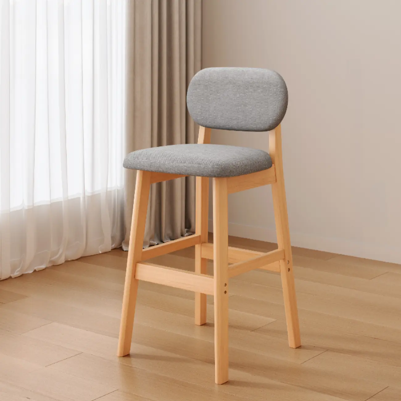 Art Deco Light Gray Pub Stool with Backrest, Rectangular Seat, Rubberwood Frame, and Foot Support Image - 18 | homeyfad