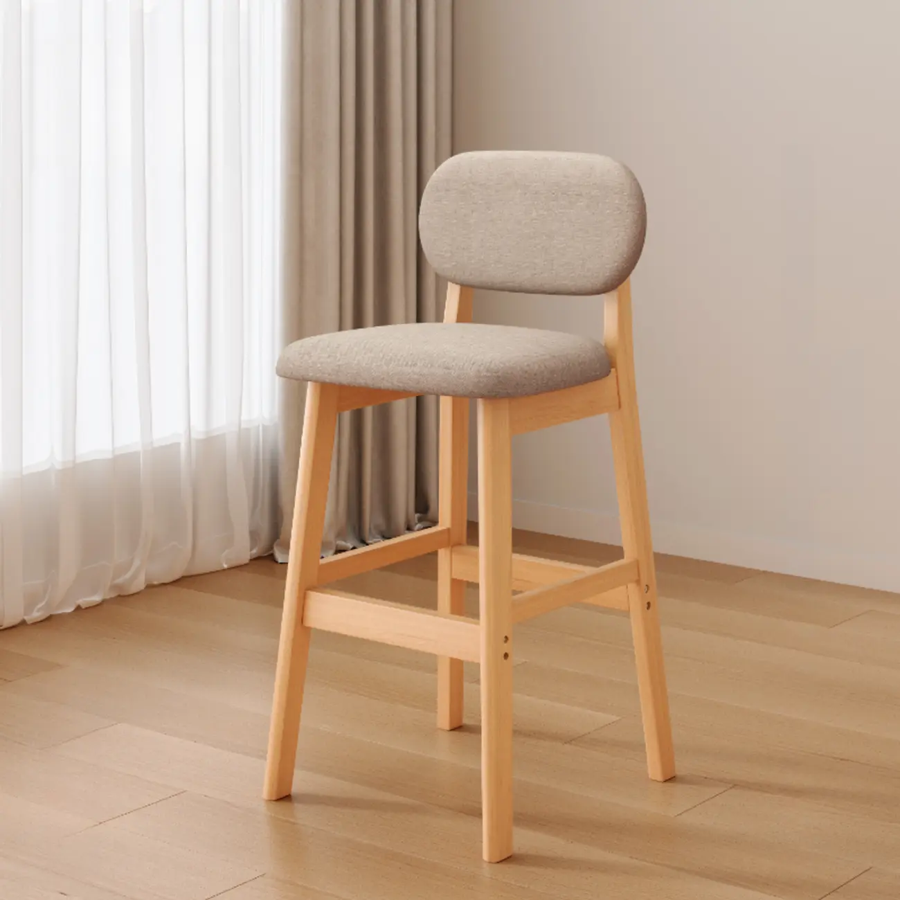 Art Deco Light Gray Pub Stool with Backrest, Rectangular Seat, Rubberwood Frame, and Foot Support Image - 19 | homeyfad