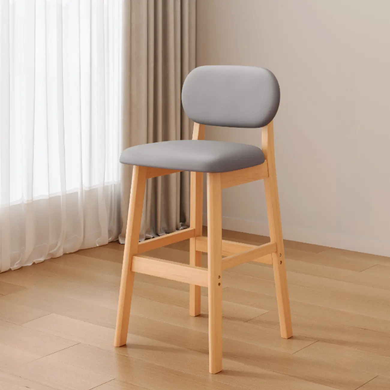 Art Deco Light Gray Pub Stool with Backrest, Rectangular Seat, Rubberwood Frame, and Foot Support Image - 20 | homeyfad