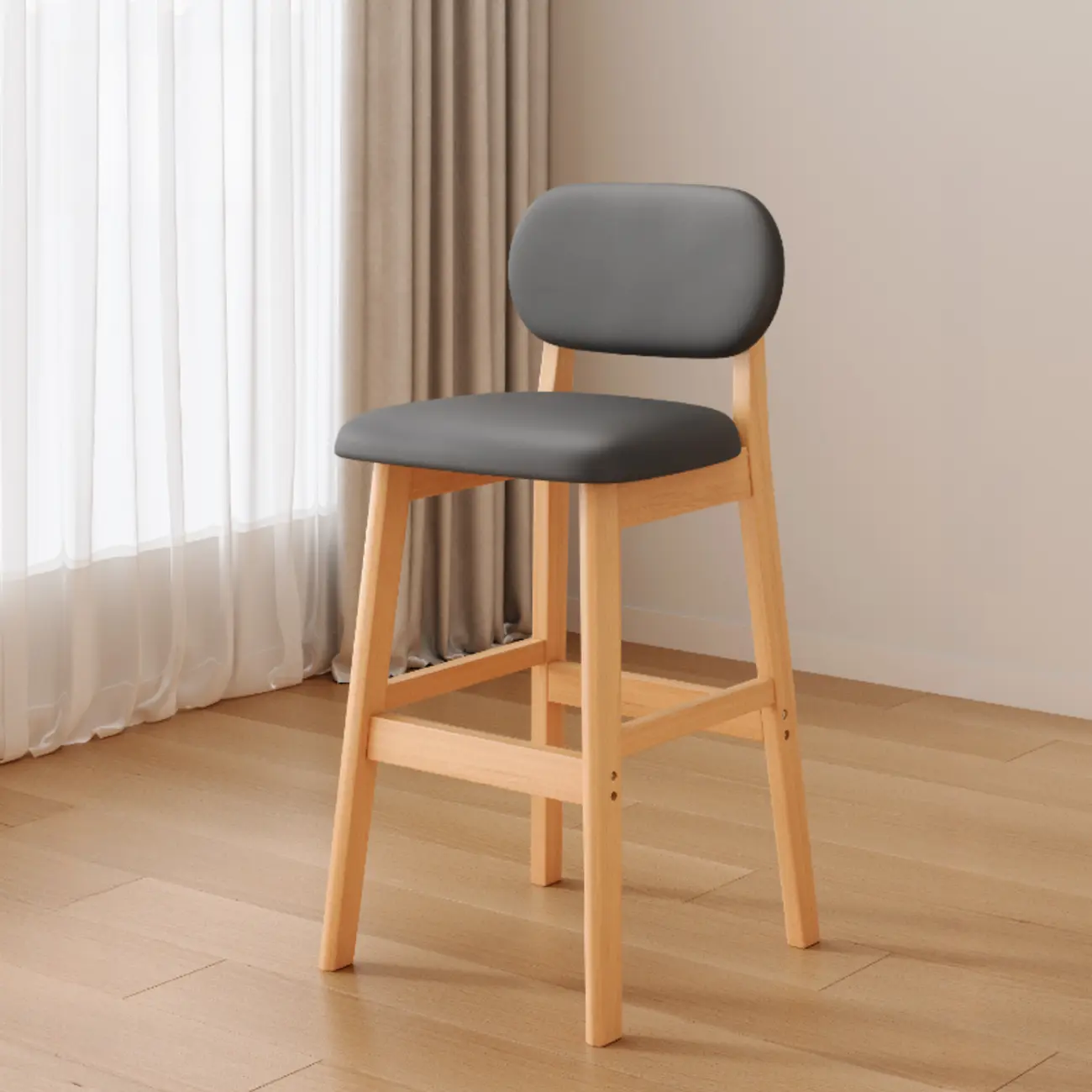 Art Deco Light Gray Pub Stool with Backrest, Rectangular Seat, Rubberwood Frame, and Foot Support Image - 21 | homeyfad