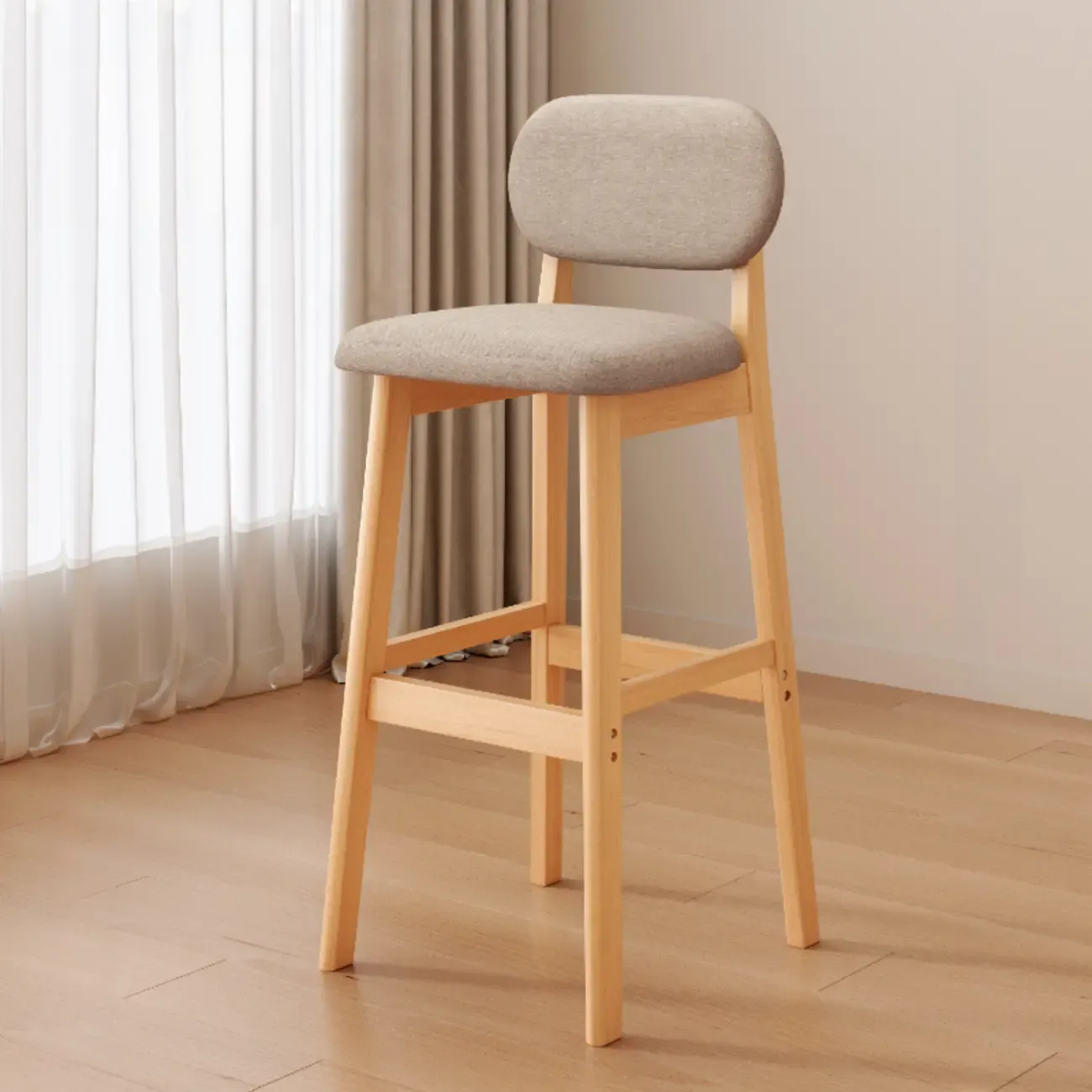 Art Deco Light Gray Pub Stool with Backrest, Rectangular Seat, Rubberwood Frame, and Foot Support Image - 23