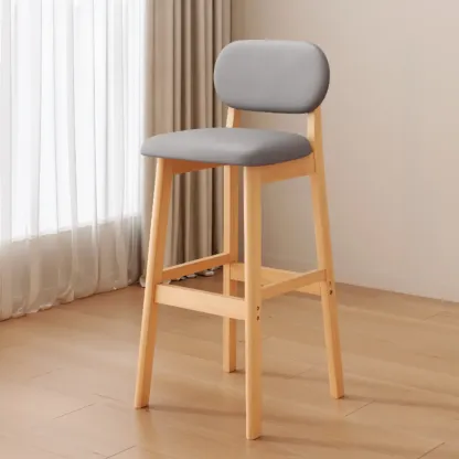 Art Deco Light Gray Pub Stool with Backrest, Rectangular Seat, Rubberwood Frame, and Foot Support Image - 24