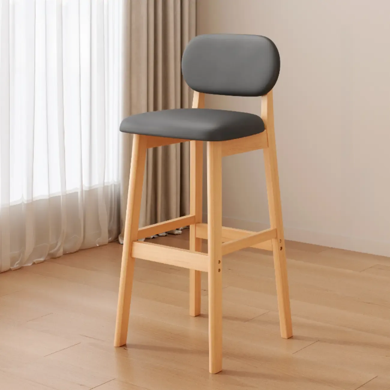 Art Deco Light Gray Pub Stool with Backrest, Rectangular Seat, Rubberwood Frame, and Foot Support Image - 25