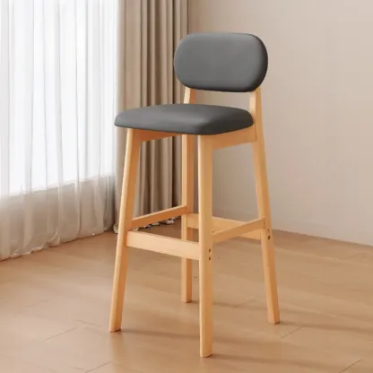 Art Deco Light Gray Pub Stool with Backrest, Rectangular Seat, Rubberwood Frame, and Foot Support Image - 25