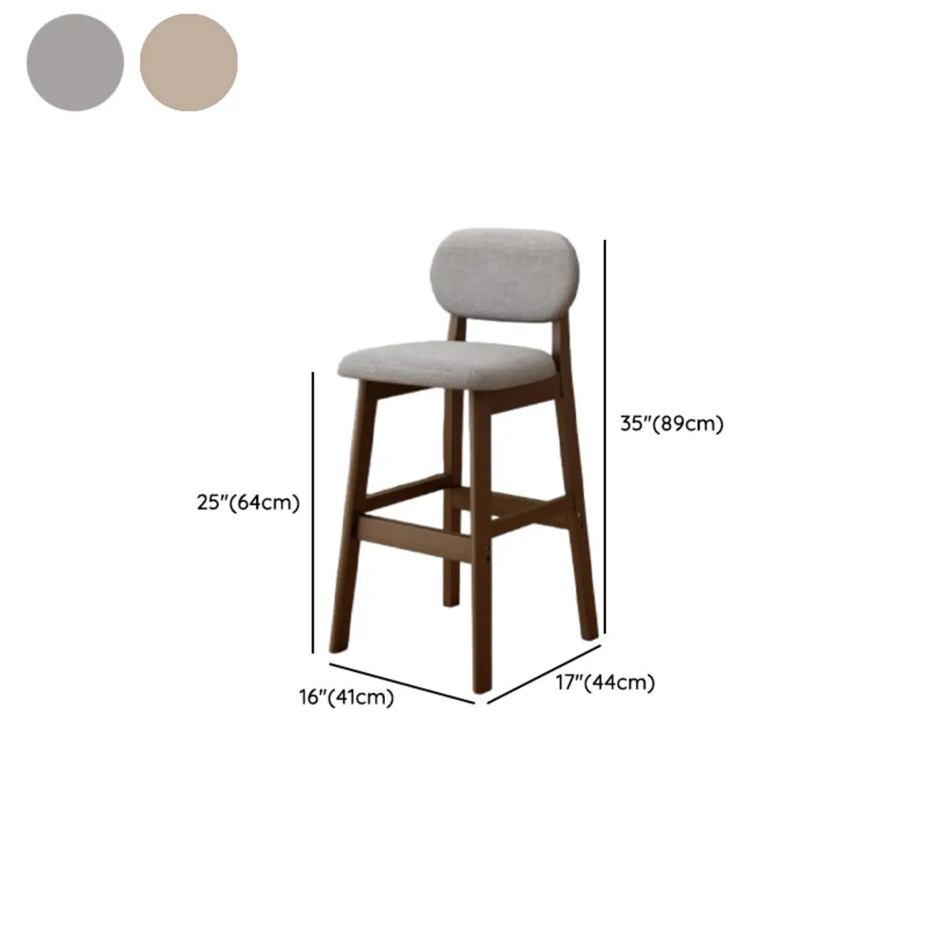 Art Deco Light Gray Pub Stool with Backrest, Rectangular Seat, Rubberwood Frame, and Foot Support #size | homeyfad