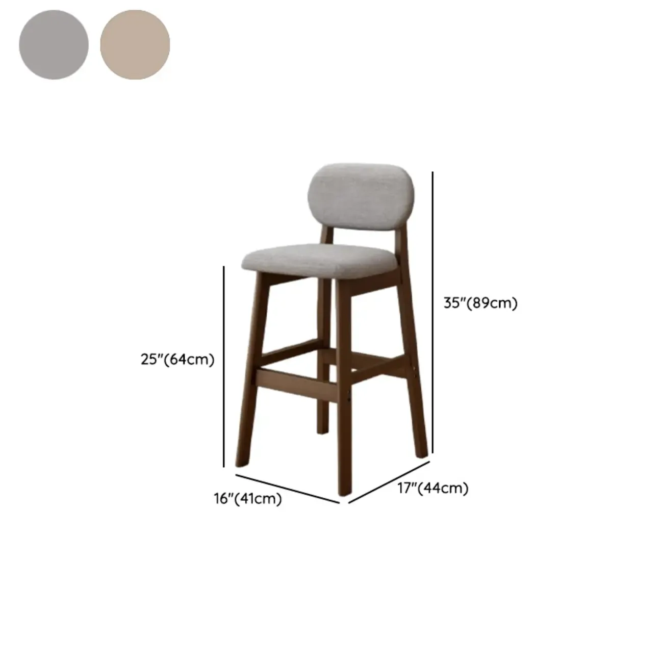 Art Deco Light Gray Pub Stool with Backrest, Rectangular Seat, Rubberwood Frame, and Foot Support #size