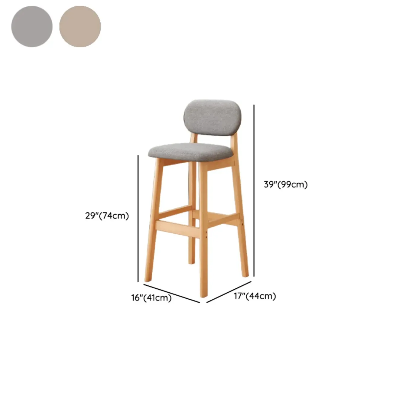 Art Deco Light Gray Pub Stool with Backrest, Rectangular Seat, Rubberwood Frame, and Foot Support Image - 32