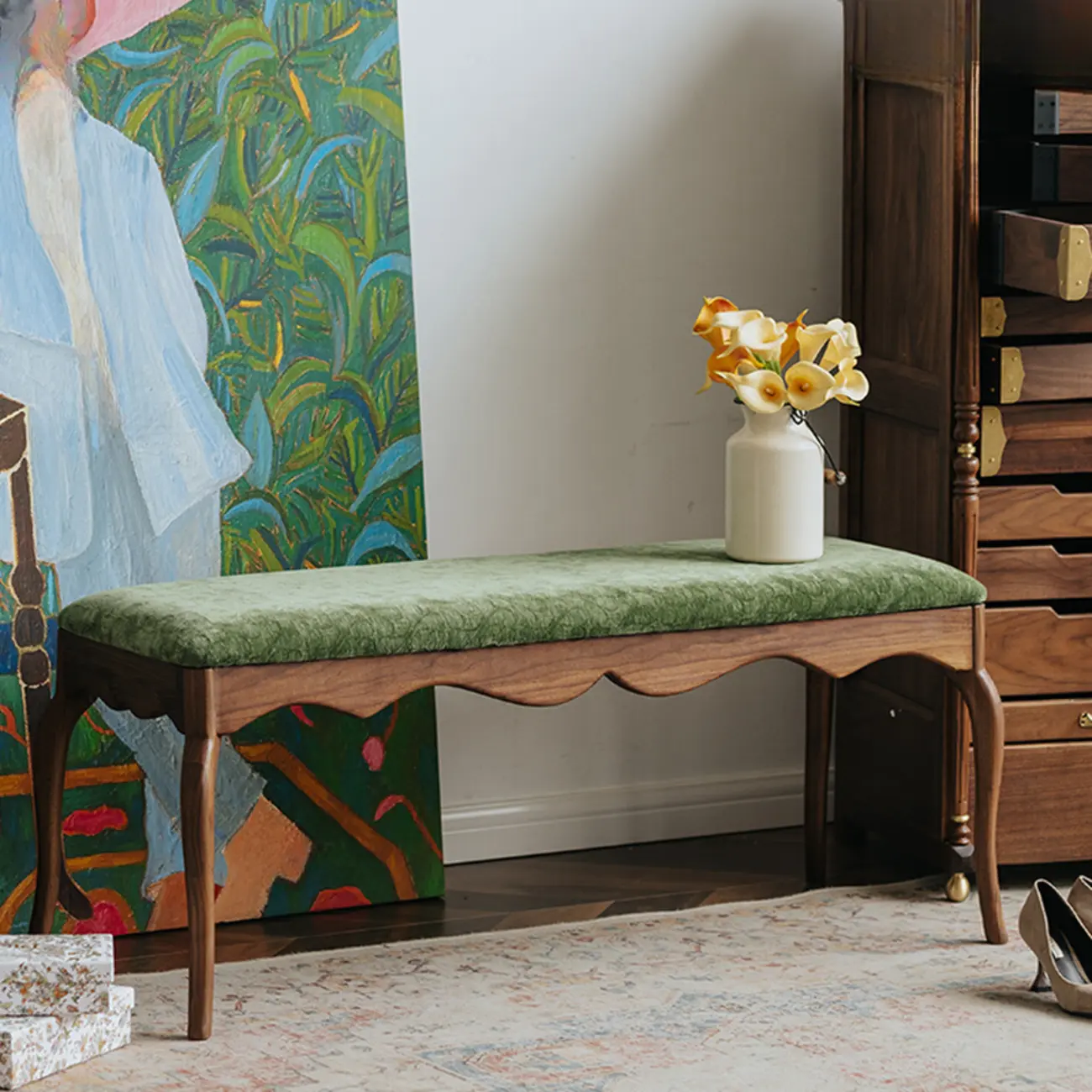 Mid-century Modern Scalloped Upholstered Green Wood Bench Image - 1 | homeyfad