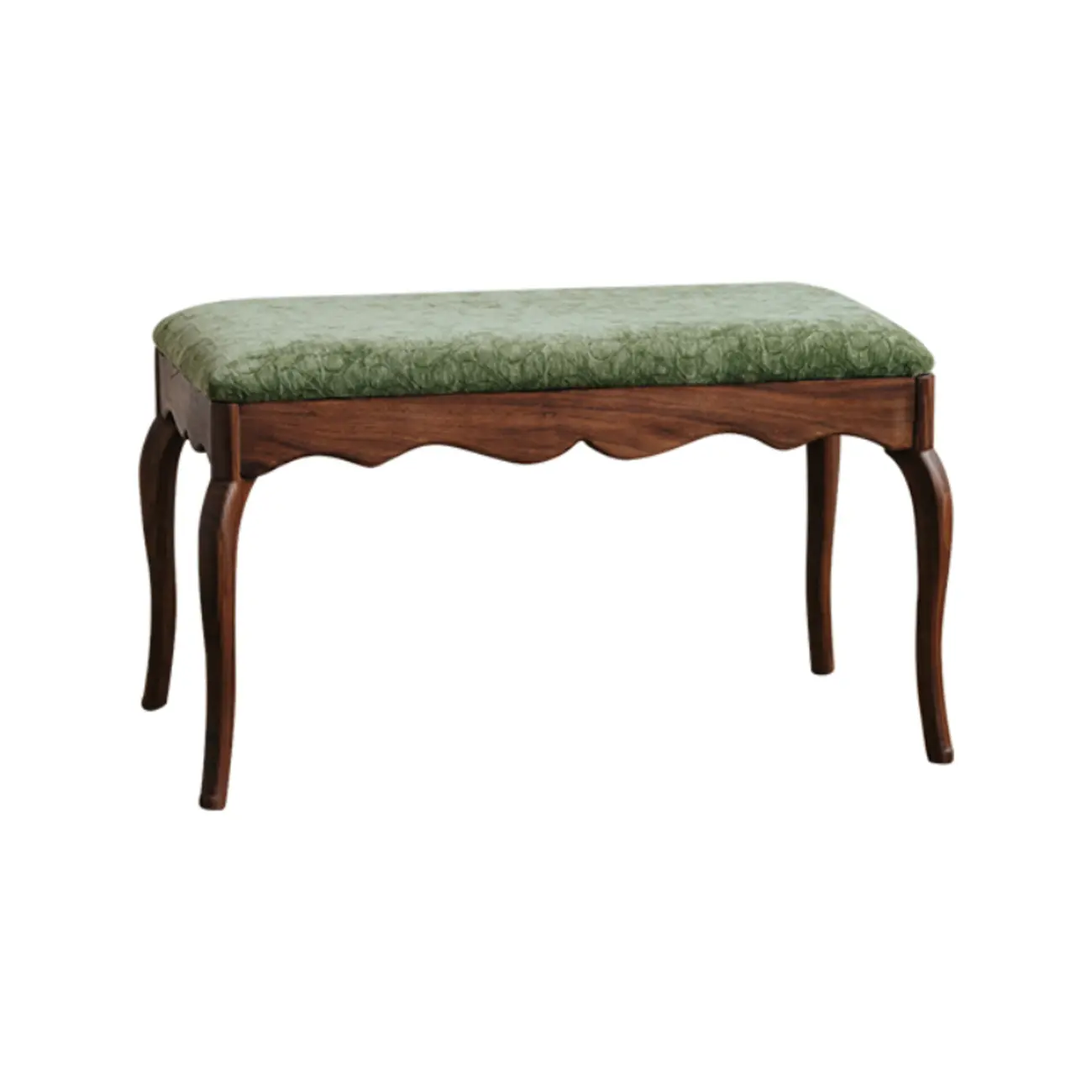 Mid-century Modern Scalloped Upholstered Green Wood Bench Image - 2 | homeyfad