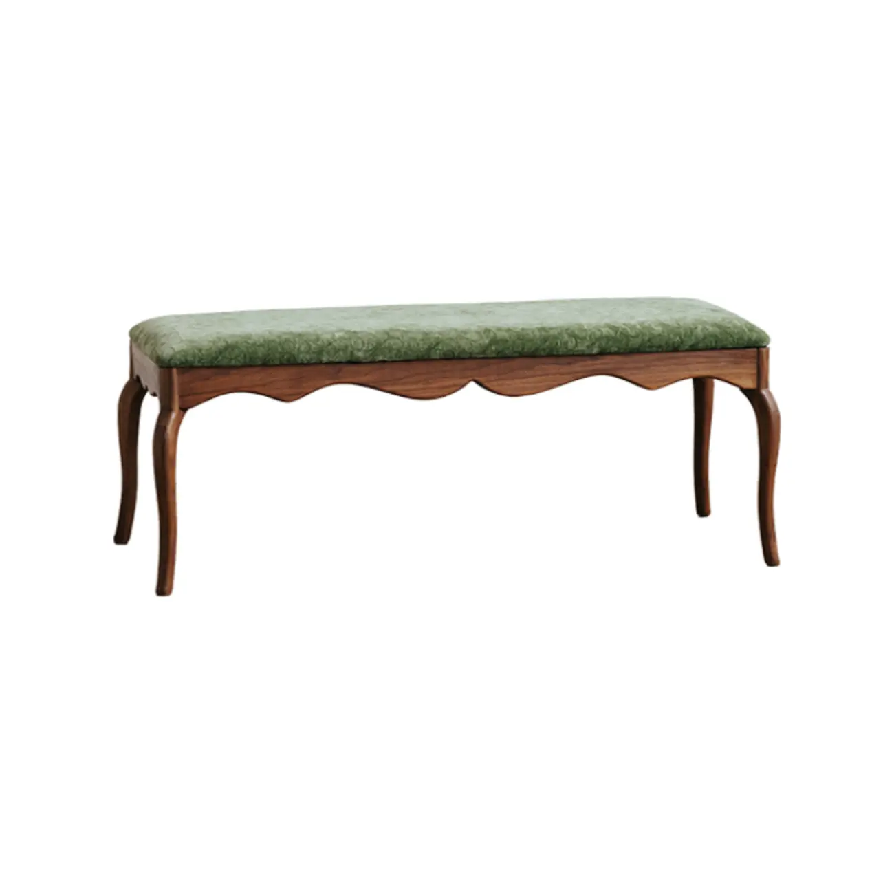 Mid-century Modern Scalloped Upholstered Green Wood Bench Image - 3 | homeyfad