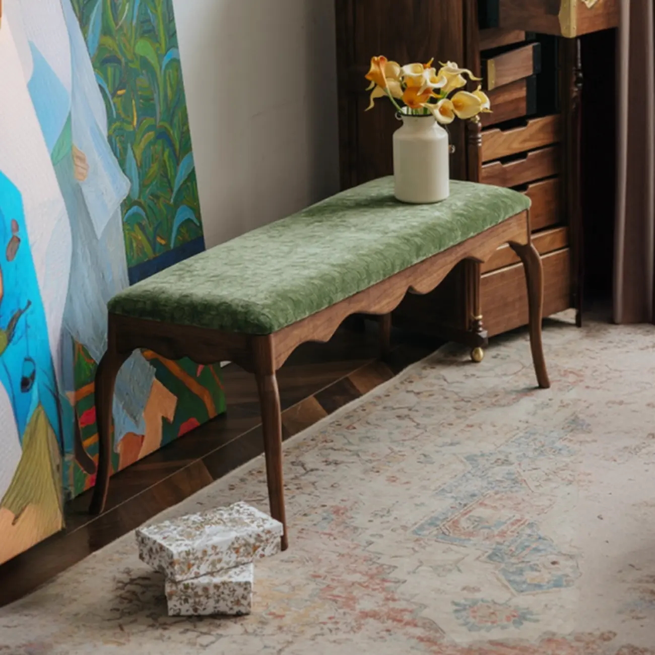 Mid-century Modern Scalloped Upholstered Green Wood Bench Image - 4 | homeyfad