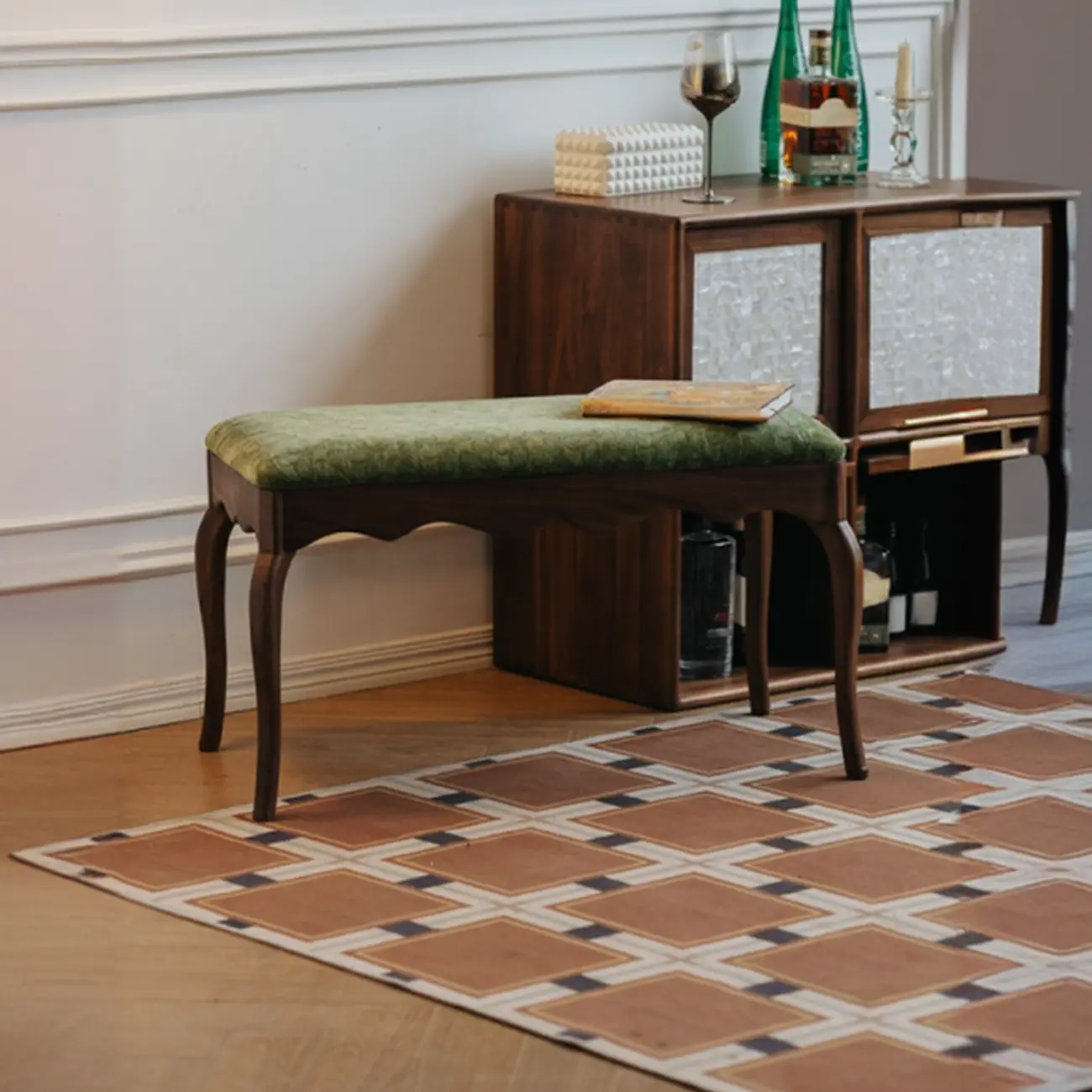 Mid-century Modern Scalloped Upholstered Green Wood Bench Image - 5 | homeyfad