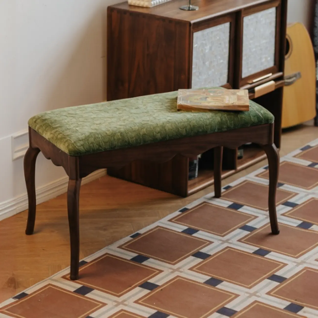 Mid-century Modern Scalloped Upholstered Green Wood Bench Image - 6 | homeyfad