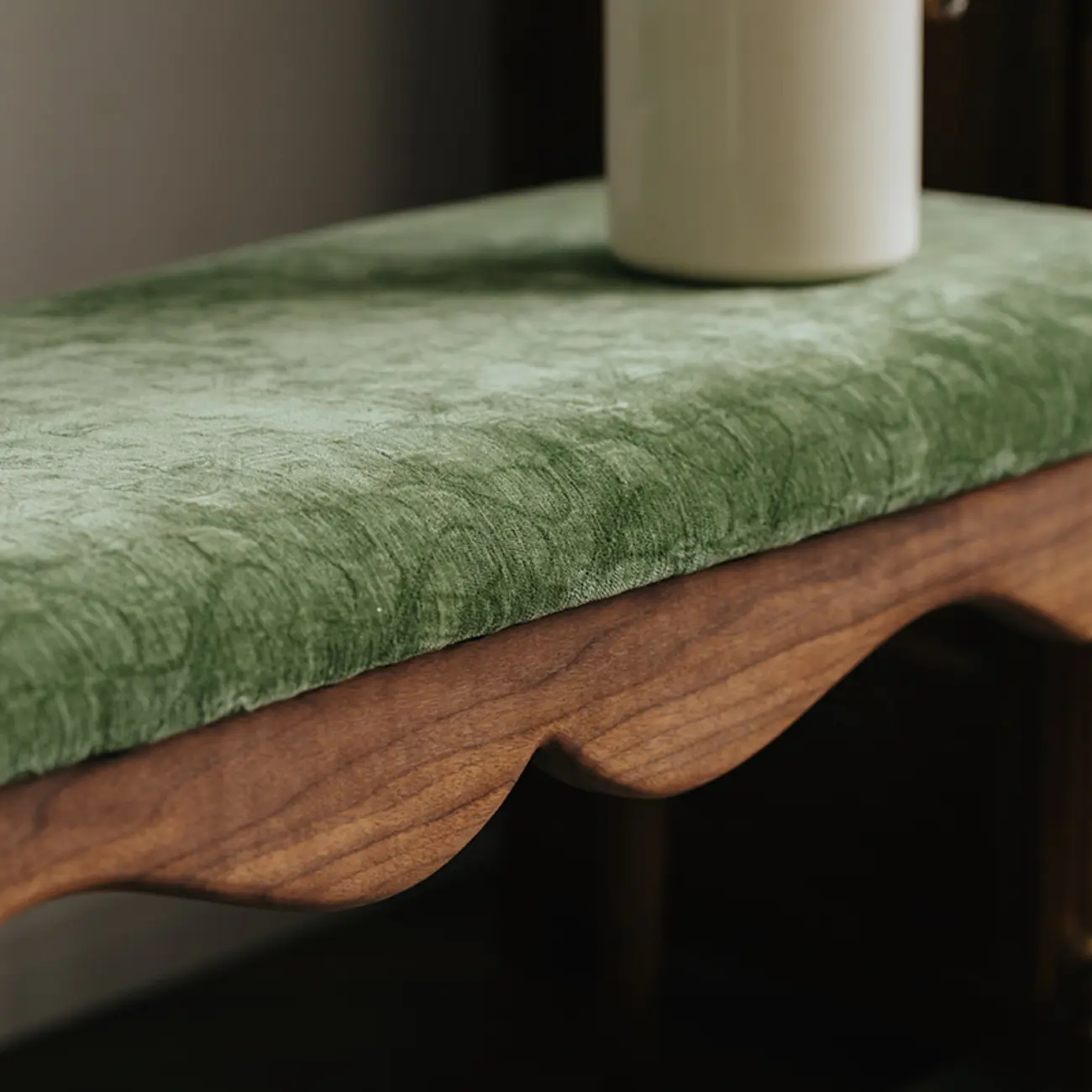 Mid-century Modern Scalloped Upholstered Green Wood Bench Image - 7 | homeyfad