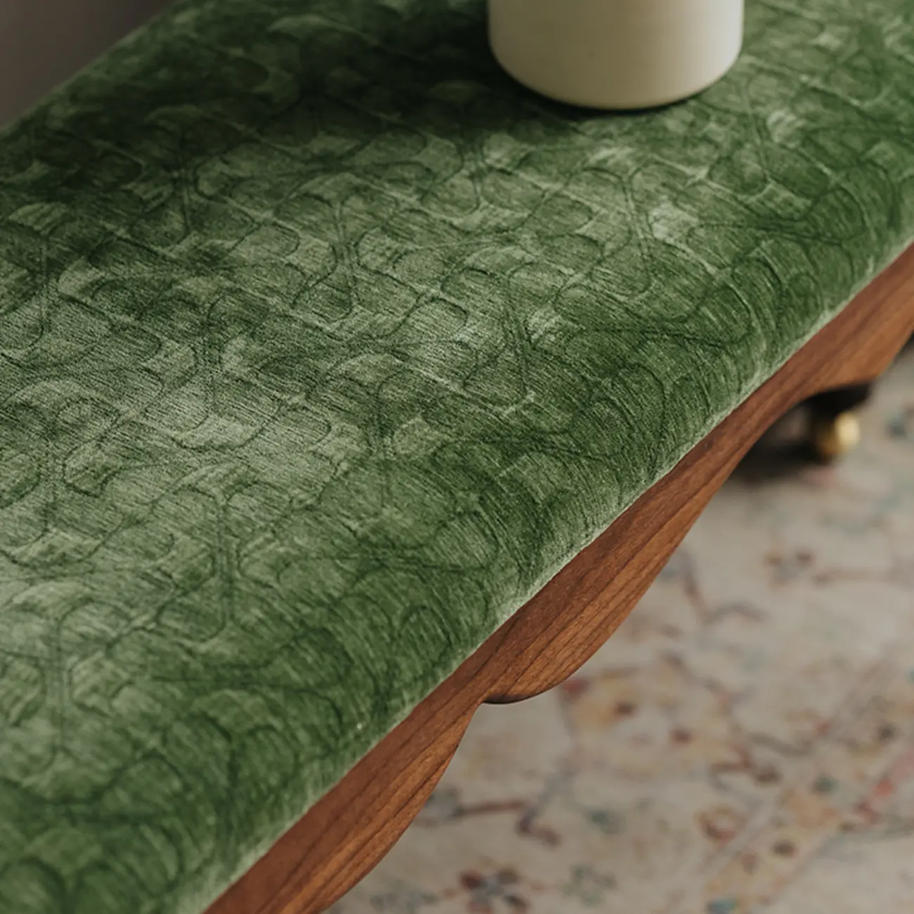 Mid-century Modern Scalloped Upholstered Green Wood Bench Image - 8 | homeyfad