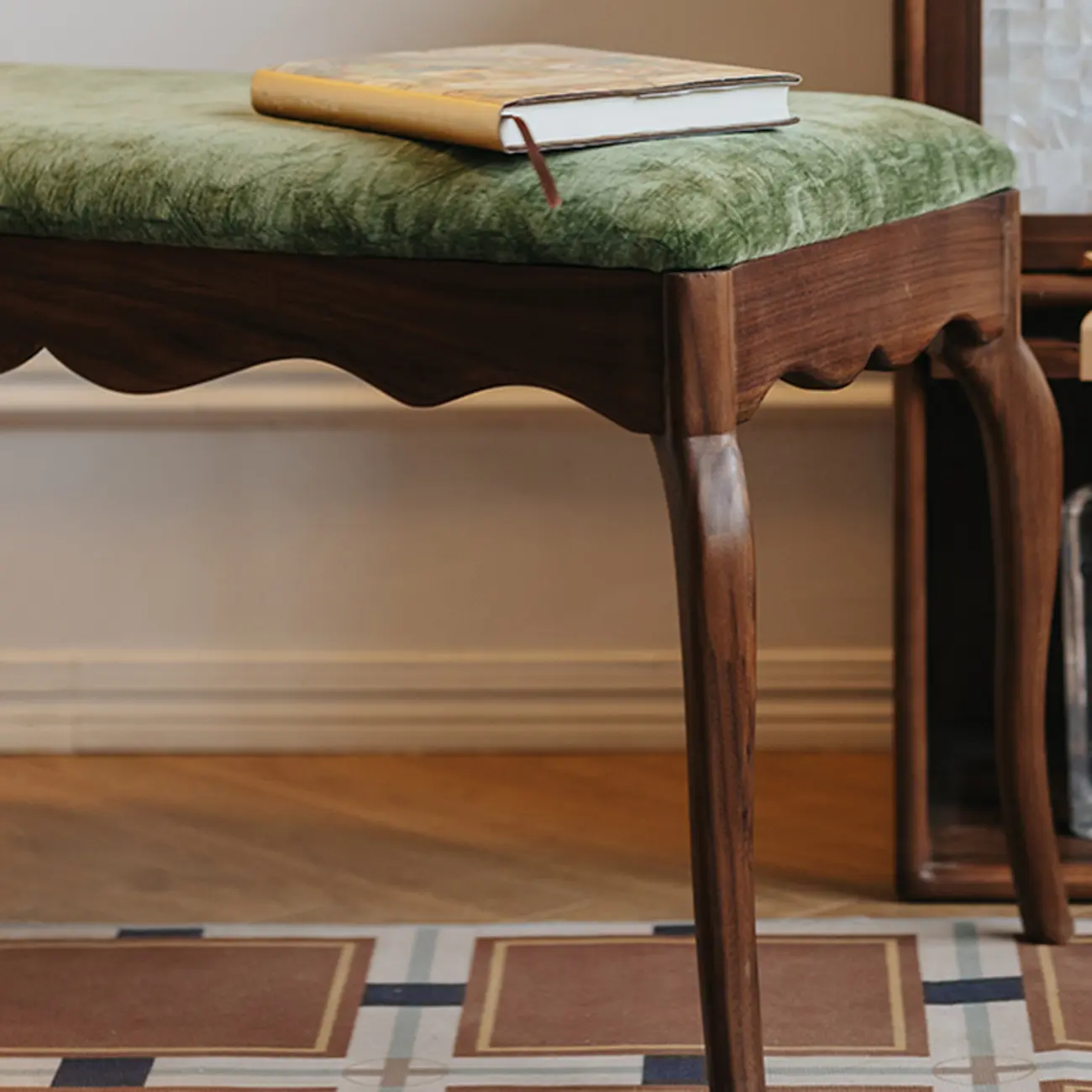 Mid-century Modern Scalloped Upholstered Green Wood Bench Image - 10 | homeyfad